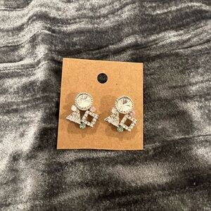 Rhinestone Geometric Drop Earrings - Clear, Pink & Green Accents